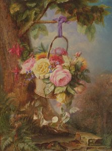 Kurv med roser med fuschia, 1800-tallet